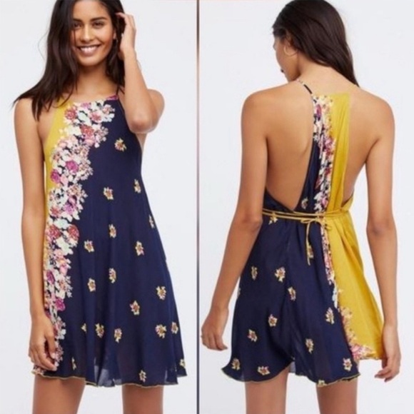 Free People Floral Navy and Mustard Mini Dress - Picture 1 of 9